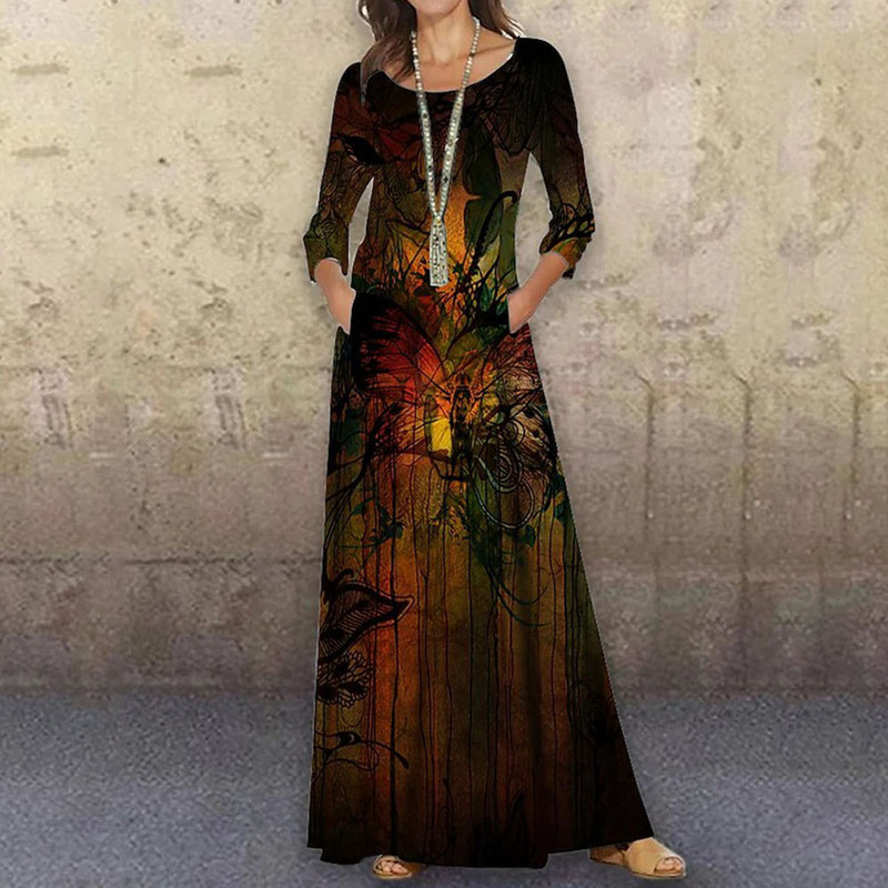 Ανοιξιάτικες πανέμορφες γυναίκες Νέα μόδα κομψό μάξι φόρεμα με στάμπα ρετρό φαρδύ ιδιοσυγκρασία με λαιμόκοψη Κομψό φθινοπωρινό κομψό μακρυμάνικο
