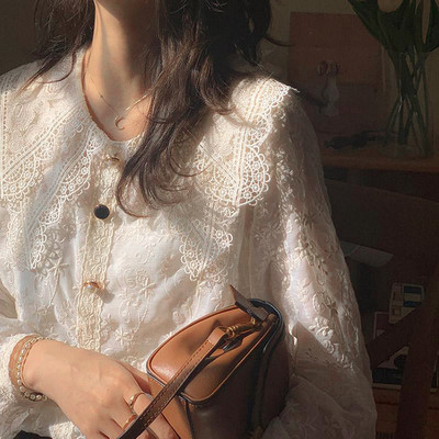 Prancūziška vintažinė palaidinė ir viršutiniai moteriški laisvalaikio nėriniai Elegantiški marškiniai Moteriški Sweet Peter Pan apykaklės dizainas Korėjietiško stiliaus palaidinės Lady Y2k