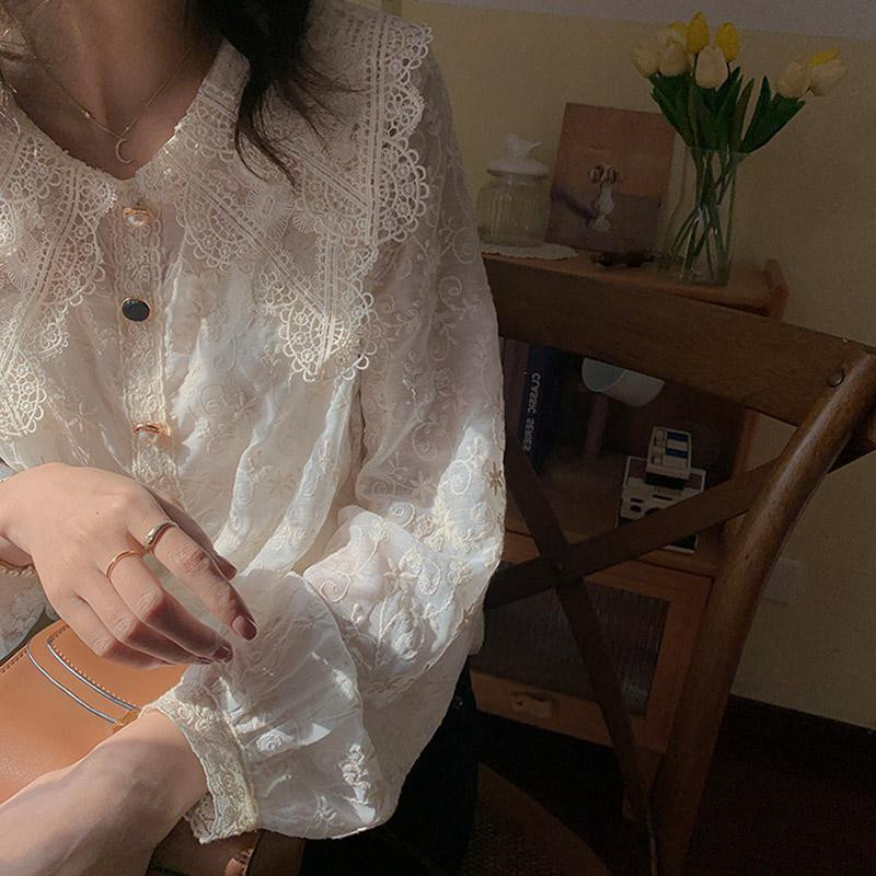 Francúzske vintage blúzky a topy pre ženy, ležérne čipkované elegantné košele, dámske sladké šaty s golierom Peter Pan, dizajn v kórejskom štýle, topy pre ženy Y2k