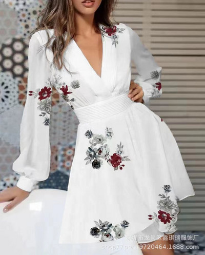 Robe Femei Toamna imprimeu A-Line Rochii Patchwork cu decolteu in V maneca lunga cu talie elastica rochie subtire pentru femei Robe De Mujer
