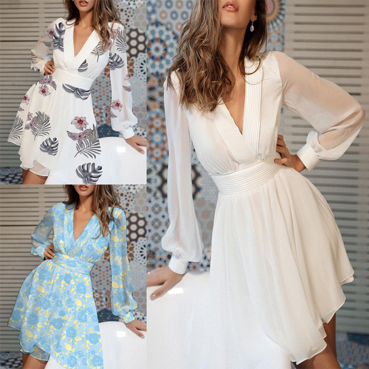 Robe Femei Toamna imprimeu A-Line Rochii Patchwork cu decolteu in V maneca lunga cu talie elastica rochie subtire pentru femei Robe De Mujer