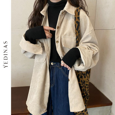 Yedinas Vintage Corduroy Shirt Solid Texture Oversize Blouses Turn-down Jay Sleeve Sleeve Tops Шикозна широка риза Плюс размер