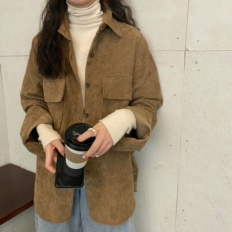 Yedinas Vintage κοτλέ πουκάμισο με μονόχρωμη υφή Μπλούζες υπερμεγέθη με γυριστό γιακά με μανίκια μπλουζάκια Chic loose πουκάμισο Plus Size