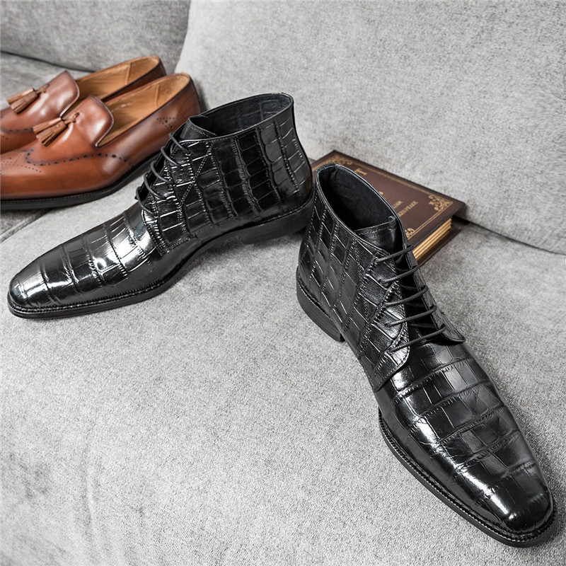 Muške zimske Chelsea čizme s kamenim uzorkom od kože Muške brogue platforme Ležerne ravne cipele s gležnjačima Vojne čizme na vezivanje