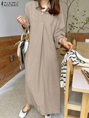 Proljetne ženske jednobojne duge haljine ZANZEA Elegantne maksi haljine dugih rukava s V izrezom Elegantna plisirana košulja Vestidos Preveliki sarafan