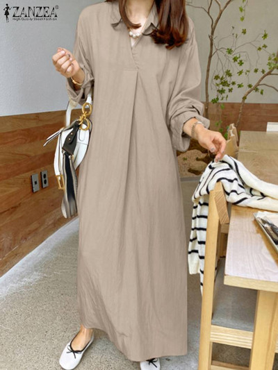 Proljetne ženske jednobojne duge haljine ZANZEA Elegantne maksi haljine dugih rukava s V izrezom Elegantna plisirana košulja Vestidos Preveliki sarafan