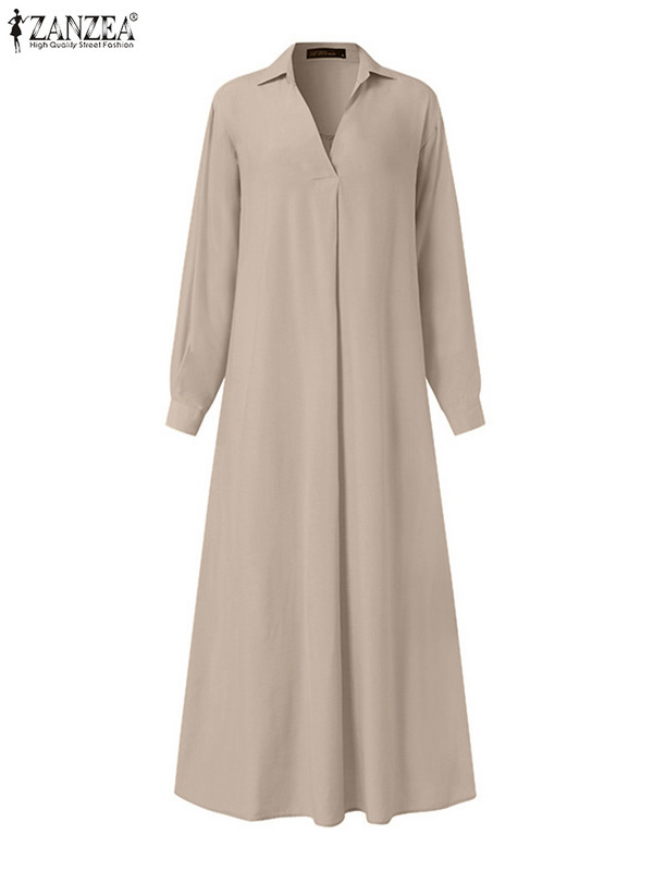 Proljetne ženske jednobojne duge haljine ZANZEA Elegantne maksi haljine dugih rukava s V izrezom Elegantna plisirana košulja Vestidos Preveliki sarafan