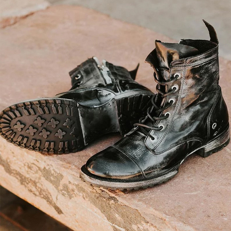 Europske i američke nove PU kratke čizme s okruglom glavom, retro modne čipkaste čizme s debelom petom, velike muške britanske čizme