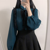 Visokokvalitetna samostojeća kragna s dugim rukavima Ženska košulja Čipkana naborana ženska bluza Topovi Camisas Mujer Chemise Blusa 2020. Potpuno novo