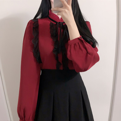 Visokokvalitetna samostojeća kragna s dugim rukavima Ženska košulja Čipkana naborana ženska bluza Topovi Camisas Mujer Chemise Blusa 2020. Potpuno novo