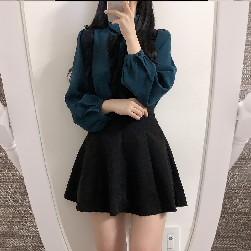 Visokokvalitetna samostojeća kragna s dugim rukavima Ženska košulja Čipkana naborana ženska bluza Topovi Camisas Mujer Chemise Blusa 2020. Potpuno novo