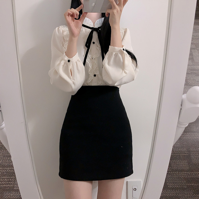 Visokokvalitetna samostojeća kragna s dugim rukavima Ženska košulja Čipkana naborana ženska bluza Topovi Camisas Mujer Chemise Blusa 2020. Potpuno novo