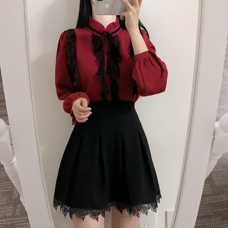 Visokokvalitetna samostojeća kragna s dugim rukavima Ženska košulja Čipkana naborana ženska bluza Topovi Camisas Mujer Chemise Blusa 2020. Potpuno novo