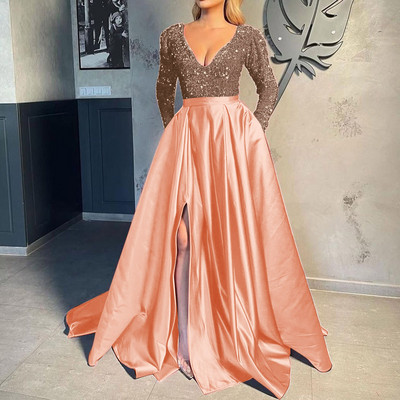 Moteriškos iškilmingos suknelės 2023 m. Naujos seksualios moteriškos ilgomis rankovėmis karoliukais su V kaklu nuotakos vestuvinės suknelės su blizgučiais