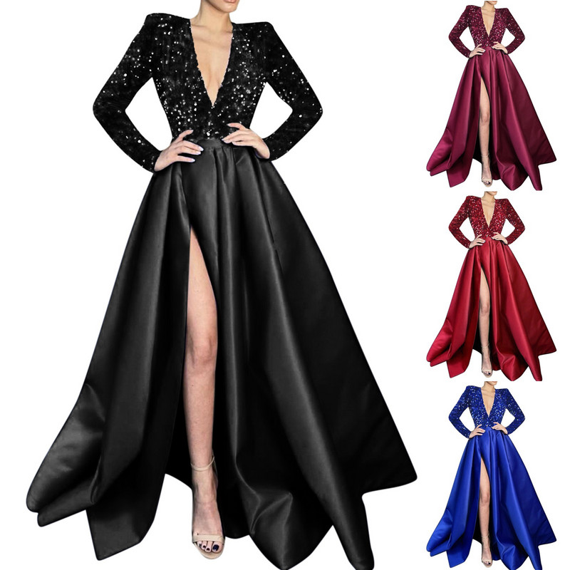 Moteriškos iškilmingos suknelės 2023 m. Naujos seksualios moteriškos ilgomis rankovėmis karoliukais su V kaklu nuotakos vestuvinės suknelės su blizgučiais