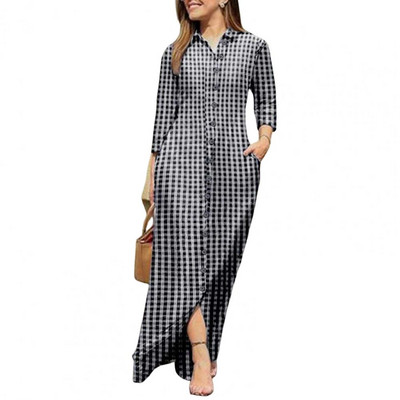 Haljina košulja, preklop, dugi rukavi, džepovi, maksi haljina do poda, klasične karirane haljine s jednim kopčanjem za žene 2022. Vestidos Robe