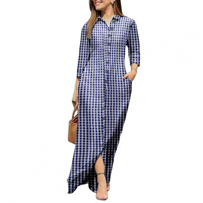 Haljina košulja, preklop, dugi rukavi, džepovi, maksi haljina do poda, klasične karirane haljine s jednim kopčanjem za žene 2022. Vestidos Robe