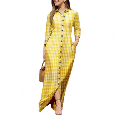 Haljina košulja, preklop, dugi rukavi, džepovi, maksi haljina do poda, klasične karirane haljine s jednim kopčanjem za žene 2022. Vestidos Robe