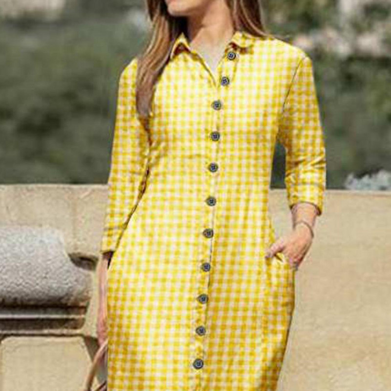 Haljina košulja, preklop, dugi rukavi, džepovi, maksi haljina do poda, klasične karirane haljine s jednim kopčanjem za žene 2022. Vestidos Robe