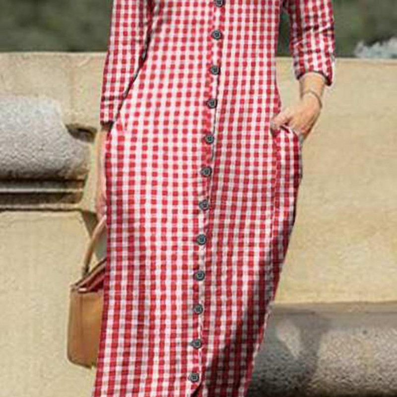 Haljina košulja, preklop, dugi rukavi, džepovi, maksi haljina do poda, klasične karirane haljine s jednim kopčanjem za žene 2022. Vestidos Robe