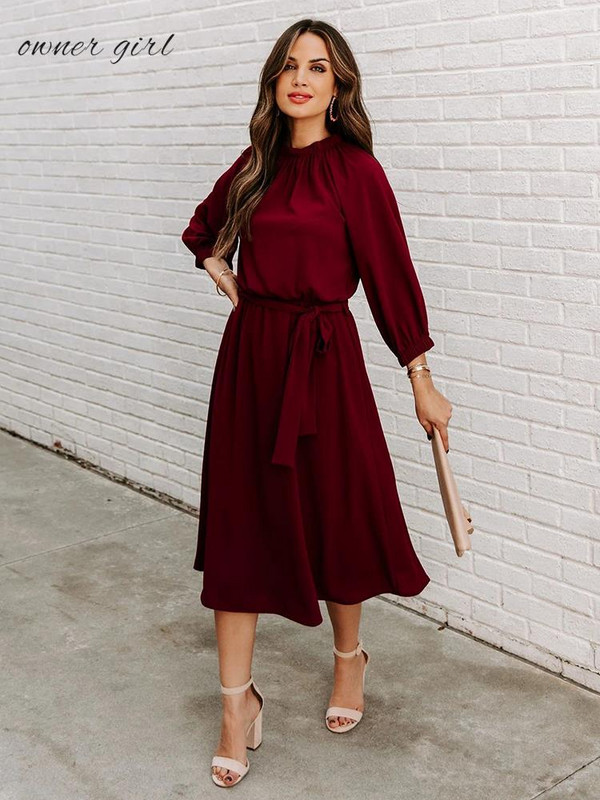 Κομψό Γυναικείο Φόρεμα Γραφείου 2022 Φθινόπωρο Casual Loose Γυναικείο Πράσινο O λαιμό μακρυμάνικη ζώνη A Line Midi Φορέματα Robe Femme