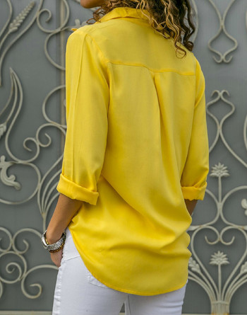 Дамски топове блузи Есенни елегантни шифонени блузи с дълъг ръкав с V-образно деколте Дамски сладки работни облекла Ризи Blusa
