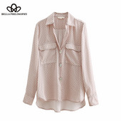 Bella Philosophy Vintage džepovi na točkice Nepravilni gornji dijelovi Ženske košulje Ovratnik na preklop Dugi rukavi Ženske bluze Ležerne bluze