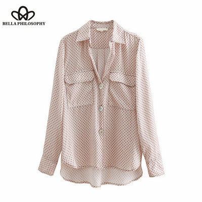 Bella Philosophy Vintage džepovi na točkice Nepravilni gornji dijelovi Ženske košulje Ovratnik na preklop Dugi rukavi Ženske bluze Ležerne bluze