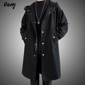Ανδρικό τζάκετ αντιανεμικό 2023 Long Trench Oversize Loose Streetwear με κουκούλα Vintage Μαύρα παλτό High Street Casual ανδρικά εξωτερικά ενδύματα