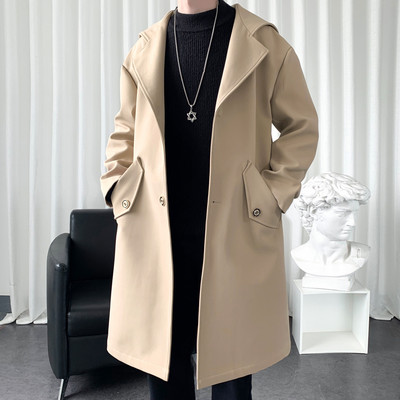 Ανδρικό τζάκετ αντιανεμικό 2023 Long Trench Oversize Loose Streetwear με κουκούλα Vintage Μαύρα παλτό High Street Casual ανδρικά εξωτερικά ενδύματα