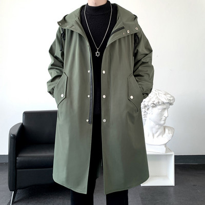 Ανδρικό τζάκετ αντιανεμικό 2023 Long Trench Oversize Loose Streetwear με κουκούλα Vintage Μαύρα παλτό High Street Casual ανδρικά εξωτερικά ενδύματα