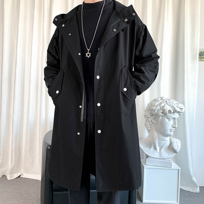 Ανδρικό τζάκετ αντιανεμικό 2023 Long Trench Oversize Loose Streetwear με κουκούλα Vintage Μαύρα παλτό High Street Casual ανδρικά εξωτερικά ενδύματα