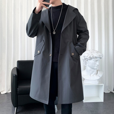 Ανδρικό τζάκετ αντιανεμικό 2023 Long Trench Oversize Loose Streetwear με κουκούλα Vintage Μαύρα παλτό High Street Casual ανδρικά εξωτερικά ενδύματα