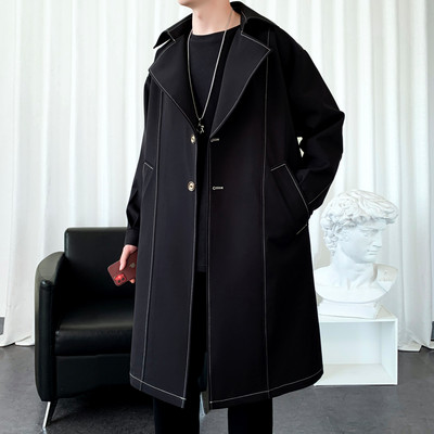 Ανδρικό τζάκετ αντιανεμικό 2023 Long Trench Oversize Loose Streetwear με κουκούλα Vintage Μαύρα παλτό High Street Casual ανδρικά εξωτερικά ενδύματα