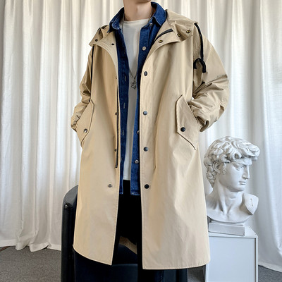 Ανδρικό τζάκετ αντιανεμικό 2023 Long Trench Oversize Loose Streetwear με κουκούλα Vintage Μαύρα παλτό High Street Casual ανδρικά εξωτερικά ενδύματα