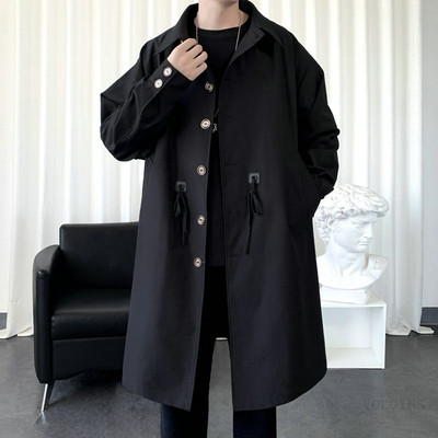 Ανδρικό τζάκετ αντιανεμικό 2023 Long Trench Oversize Loose Streetwear με κουκούλα Vintage Μαύρα παλτό High Street Casual ανδρικά εξωτερικά ενδύματα