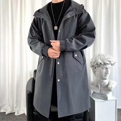 Ανδρικό τζάκετ αντιανεμικό 2023 Long Trench Oversize Loose Streetwear με κουκούλα Vintage Μαύρα παλτό High Street Casual ανδρικά εξωτερικά ενδύματα