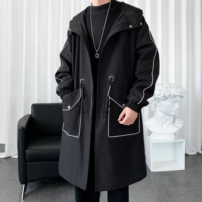 Ανδρικό τζάκετ αντιανεμικό 2023 Long Trench Oversize Loose Streetwear με κουκούλα Vintage Μαύρα παλτό High Street Casual ανδρικά εξωτερικά ενδύματα