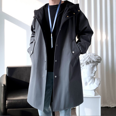 Ανδρικό τζάκετ αντιανεμικό 2023 Long Trench Oversize Loose Streetwear με κουκούλα Vintage Μαύρα παλτό High Street Casual ανδρικά εξωτερικά ενδύματα