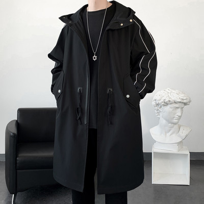 Ανδρικό τζάκετ αντιανεμικό 2023 Long Trench Oversize Loose Streetwear με κουκούλα Vintage Μαύρα παλτό High Street Casual ανδρικά εξωτερικά ενδύματα