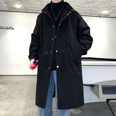Ανδρικό τζάκετ αντιανεμικό 2023 Long Trench Oversize Loose Streetwear με κουκούλα Vintage Μαύρα παλτό High Street Casual ανδρικά εξωτερικά ενδύματα