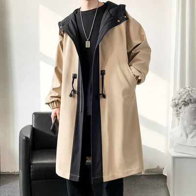 Ανδρικό τζάκετ αντιανεμικό 2023 Long Trench Oversize Loose Streetwear με κουκούλα Vintage Μαύρα παλτό High Street Casual ανδρικά εξωτερικά ενδύματα