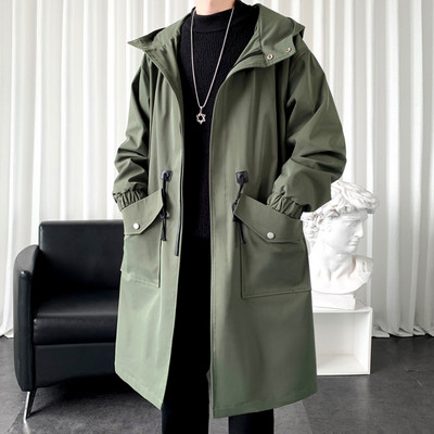 Ανδρικό τζάκετ αντιανεμικό 2023 Long Trench Oversize Loose Streetwear με κουκούλα Vintage Μαύρα παλτό High Street Casual ανδρικά εξωτερικά ενδύματα