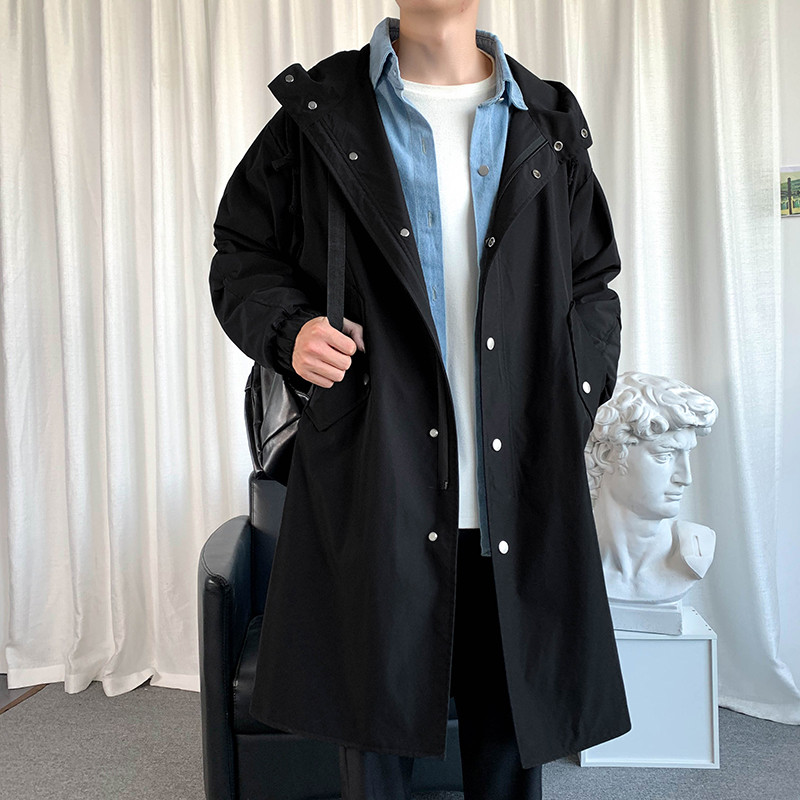 Ανδρικό τζάκετ αντιανεμικό 2023 Long Trench Oversize Loose Streetwear με κουκούλα Vintage Μαύρα παλτό High Street Casual ανδρικά εξωτερικά ενδύματα