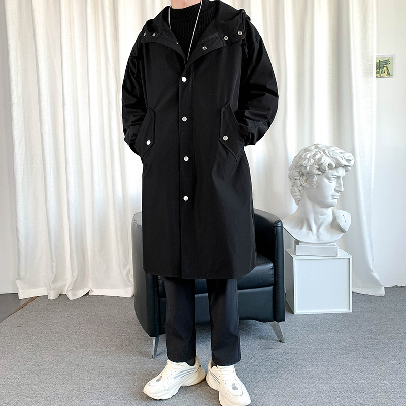 Ανδρικό τζάκετ αντιανεμικό 2023 Long Trench Oversize Loose Streetwear με κουκούλα Vintage Μαύρα παλτό High Street Casual ανδρικά εξωτερικά ενδύματα