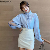 Bluze de top Korea Chic Femei Moda Femei Patchwork Sexy din plasă transparentă Elegantă Office Lady Blue Bluză de cămașă cu nasturi la un singur piept