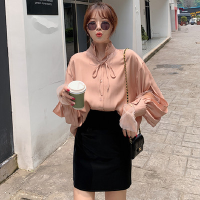 Bluze de top Korea Chic Femei Moda Femei Patchwork Sexy din plasă transparentă Elegantă Office Lady Blue Bluză de cămașă cu nasturi la un singur piept