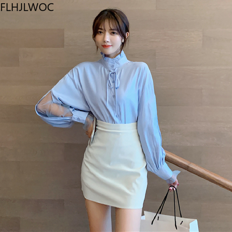 Bluze de top Korea Chic Femei Moda Femei Patchwork Sexy din plasă transparentă Elegantă Office Lady Blue Bluză de cămașă cu nasturi la un singur piept