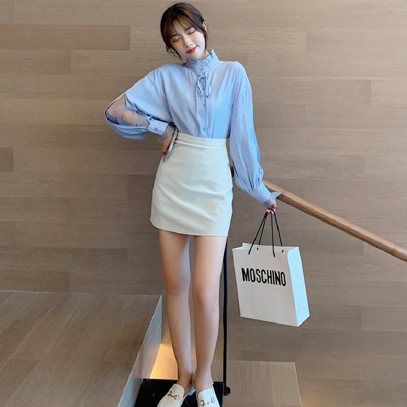 Bluze de top Korea Chic Femei Moda Femei Patchwork Sexy din plasă transparentă Elegantă Office Lady Blue Bluză de cămașă cu nasturi la un singur piept