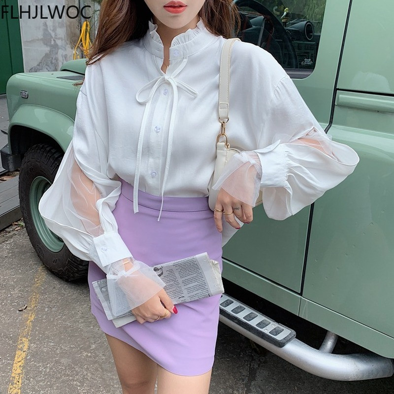 Bluze de top Korea Chic Femei Moda Femei Patchwork Sexy din plasă transparentă Elegantă Office Lady Blue Bluză de cămașă cu nasturi la un singur piept